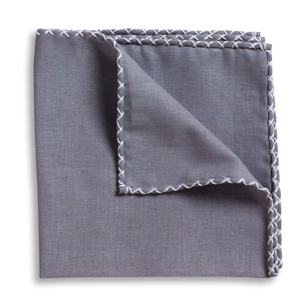Grey Linen Whipstitch Pocket Square