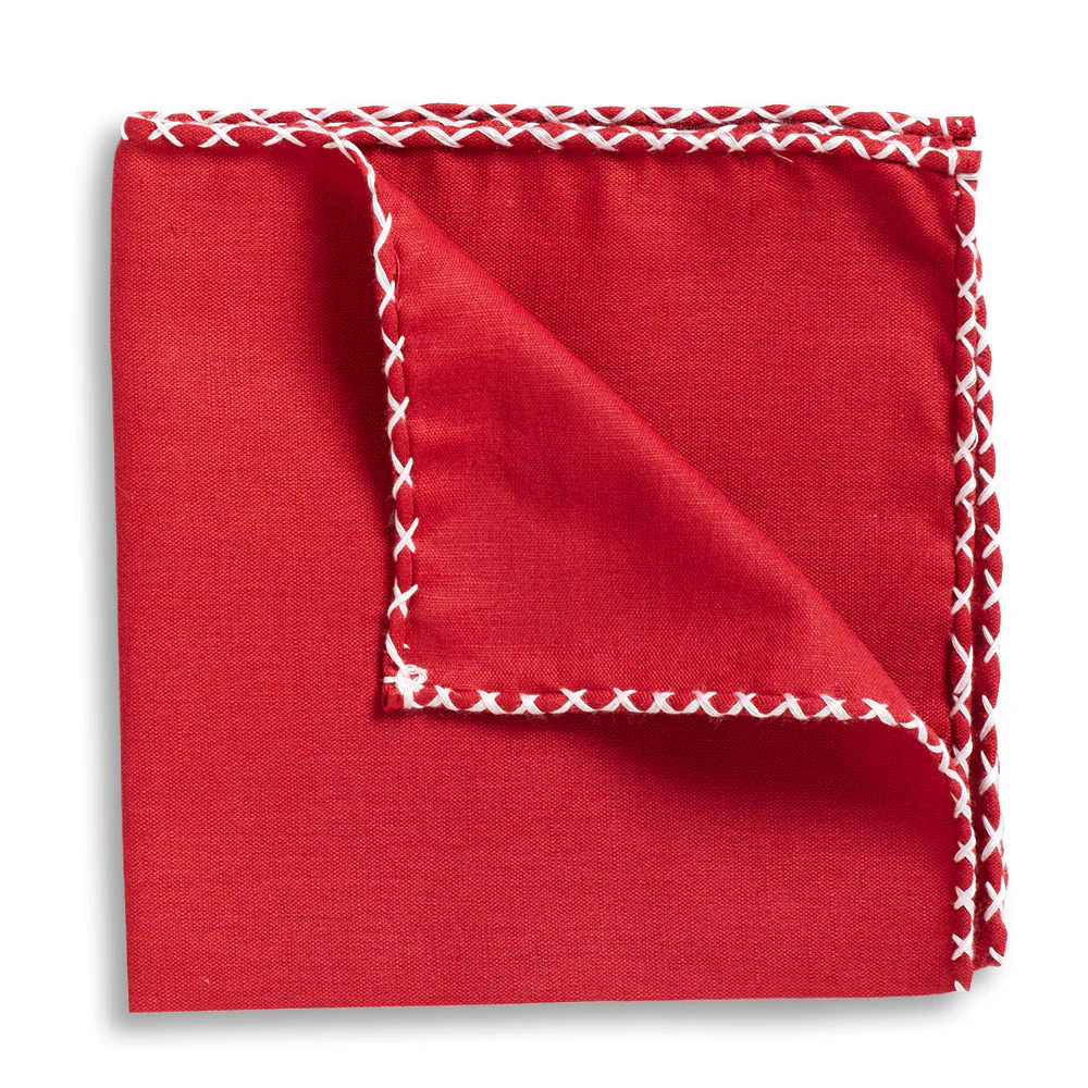 Red Linen Whipstitch Pocket Square