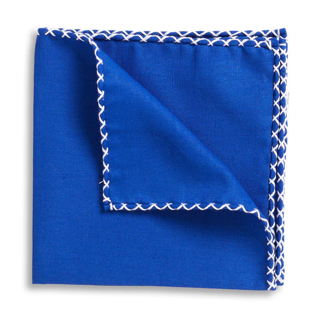 Royal Blue Linen Whipstitch Pocket Square
