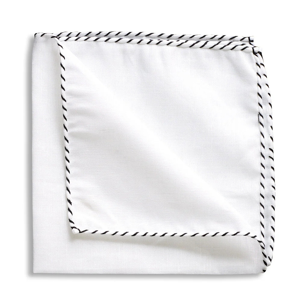 White Linen Black Whipstitch Pocket Square