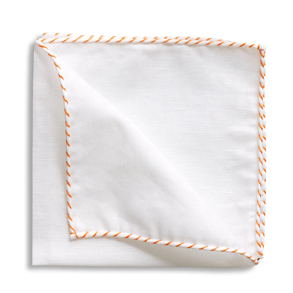 White Linen Orange Whipstitch Pocket Square