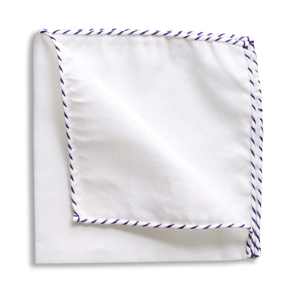 White Linen Purple Whipstitch Pocket Square